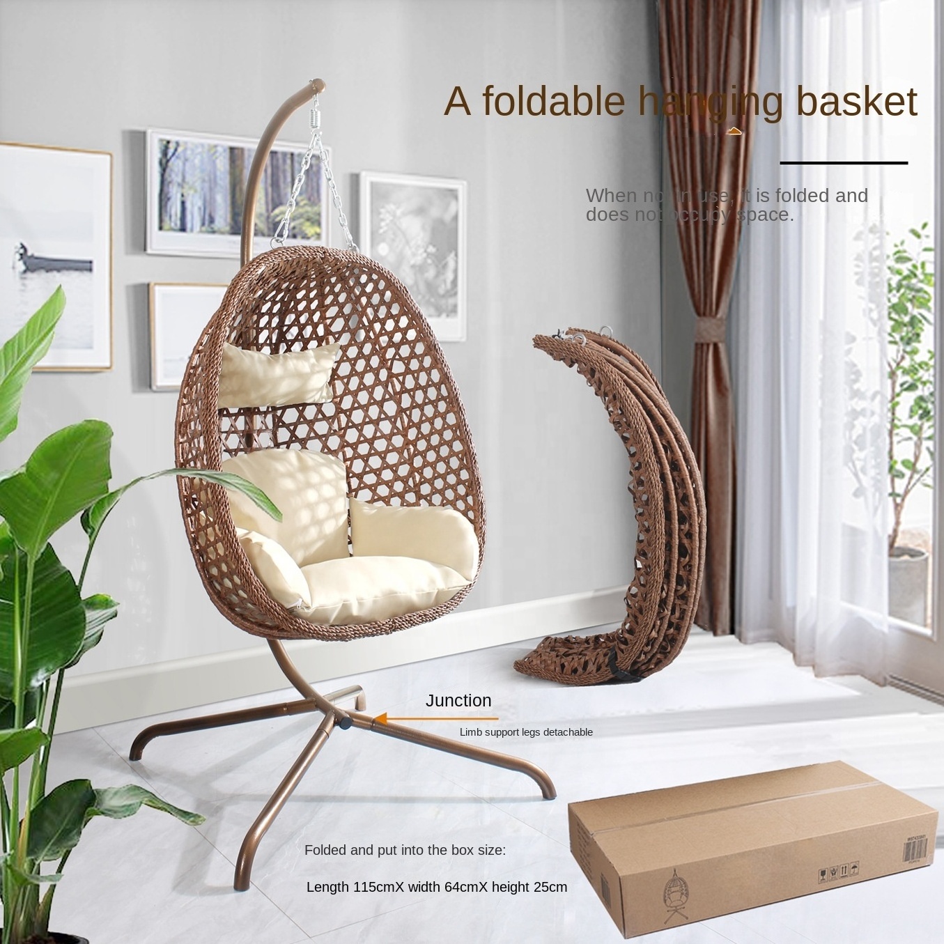 Egg Shaped Wicker Balcony Home Outdoor Indoor Hanging Egg Swing Chair Black Rattan PE Patio Swing Modern Patio Swings