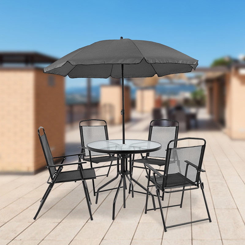 Outdoor Garden Furniture dining Set of 4 Black Folding Chair and Table With Patio Umbrella