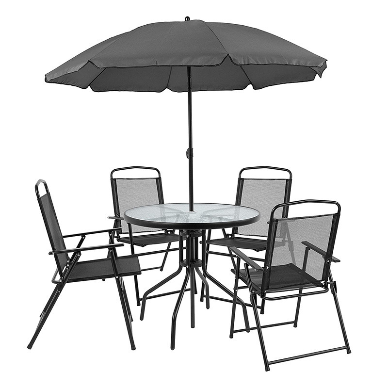 Outdoor Garden Furniture dining Set of 4 Black Folding Chair and Table With Patio Umbrella