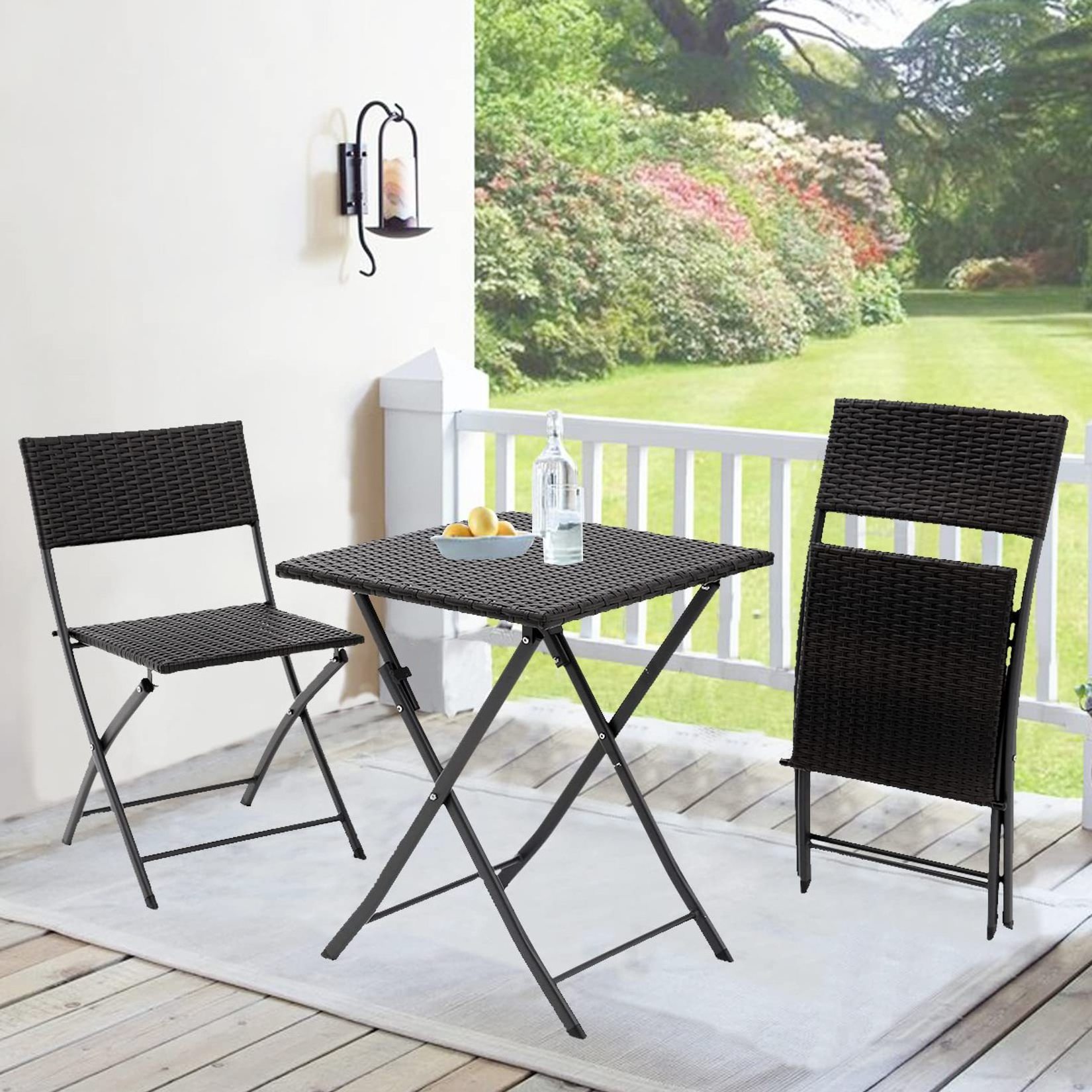 Wholesale delivery outdoor patio bistro garden Portable folding chair glass table All Weather PE Rattan Furniture set