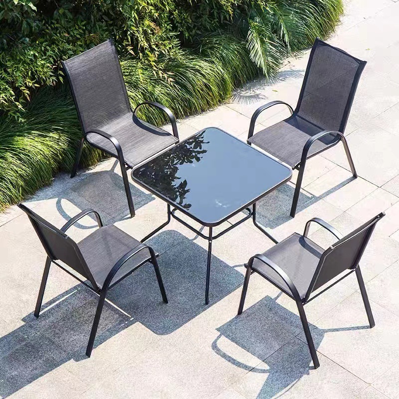 Light Gray Sling Stacking Patio Chairs With Arm Comfort Flex Material Popular Black Outdoor Metal Stacking Chair