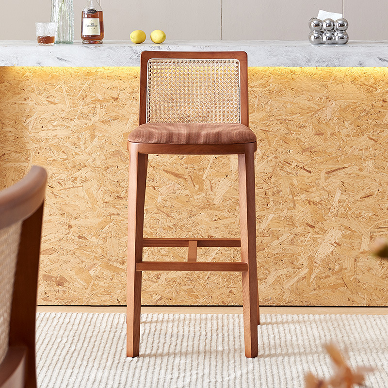 Modern Solid Wood Fabric Simple Seat Cane Rattan Wooden Bar Chair Cane Counter Stool With Cushion