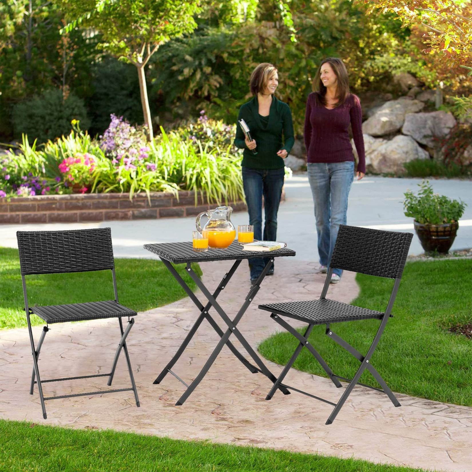 Wholesale delivery outdoor patio bistro garden Portable folding chair glass table All Weather PE Rattan Furniture set