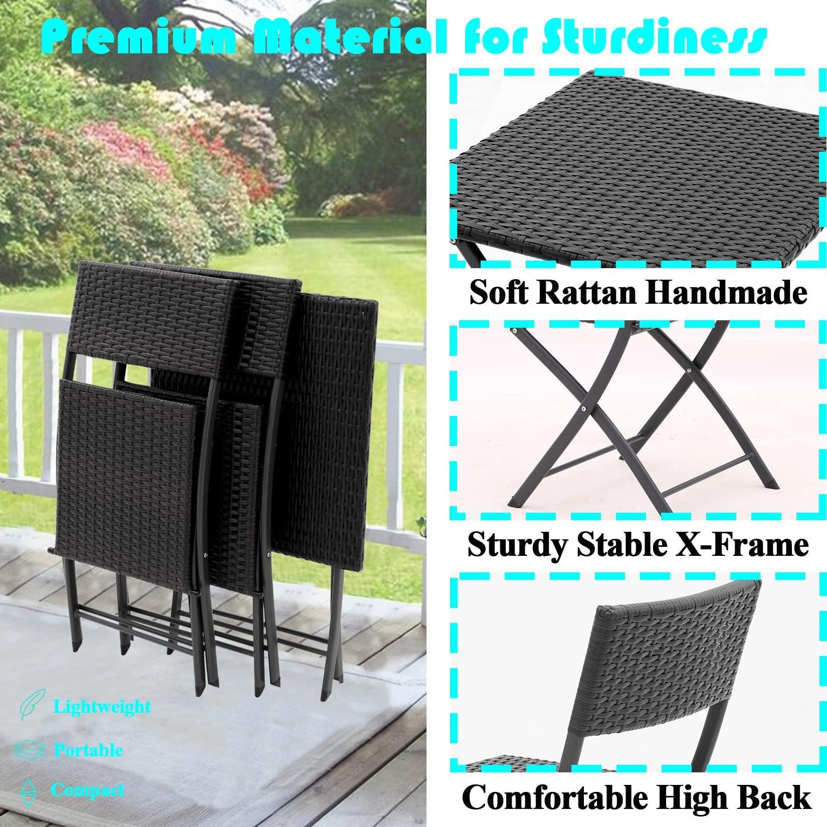 Wholesale delivery outdoor patio bistro garden Portable folding chair glass table All Weather PE Rattan Furniture set