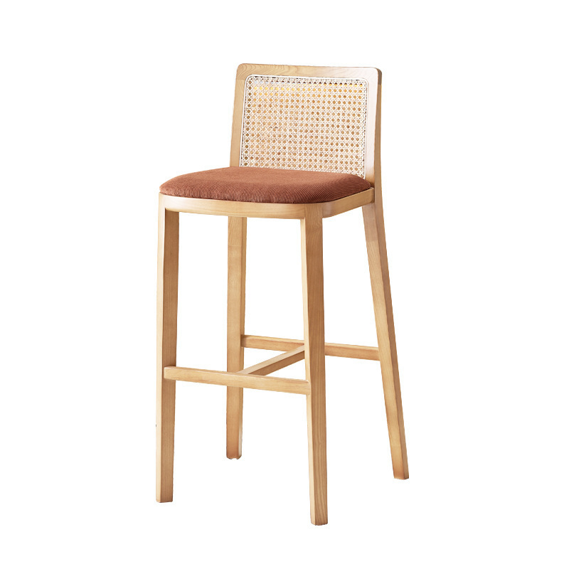 Modern Solid Wood Fabric Simple Seat Cane Rattan Wooden Bar Chair Cane Counter Stool With Cushion