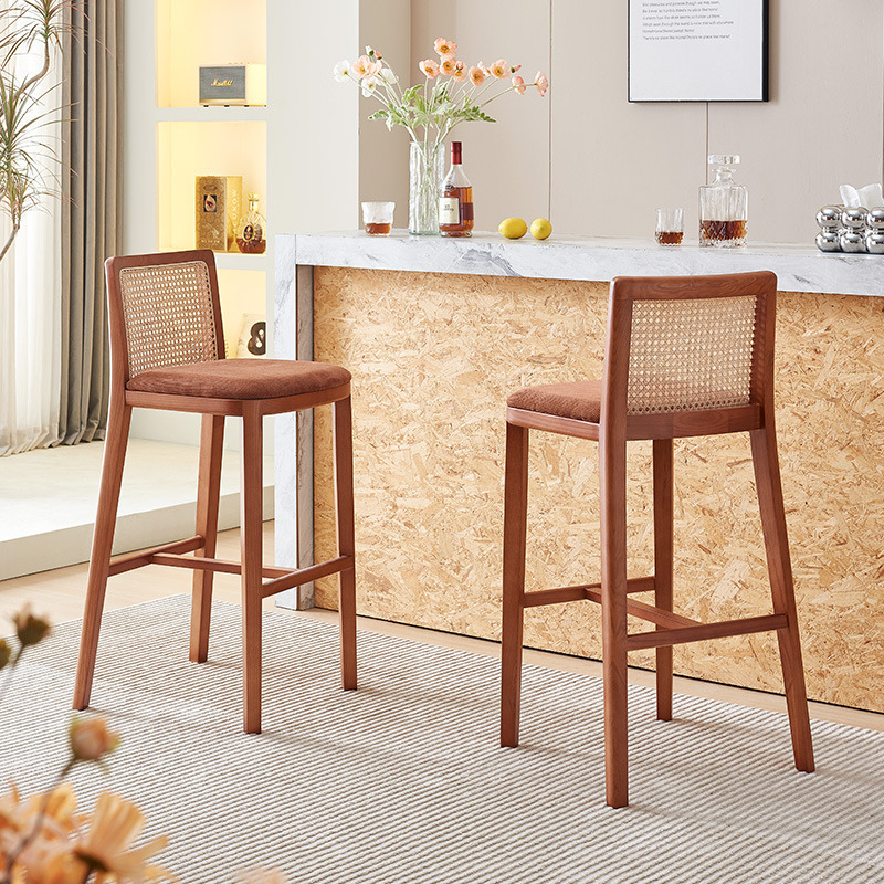 Modern Solid Wood Fabric Simple Seat Cane Rattan Wooden Bar Chair Cane Counter Stool With Cushion