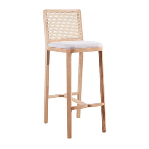 Modern Solid Wood Fabric Simple Seat Cane Rattan Wooden Bar Chair Cane Counter Stool With Cushion