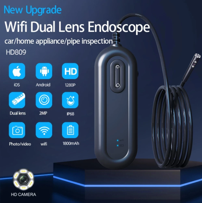 Dual Lens WIFI Hard Wire APP Endoscope Camera Flexible Surveillance Borescope for Pipeline Car Engine Inspection Camera