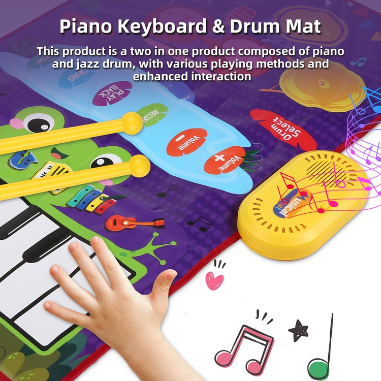 Musical Mat Piano Keyboard & Drum Mat with 2 Sticks Musical Play Mat Volume Adjustable Baby Learning Toys Toddler Toys