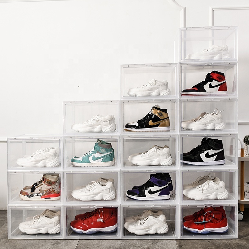 Hot Selling Custom Stackable Black Plastic Shoe Boxes Storage , Home Shoes Racks Cabinet Clear Shoes Storage Organizer