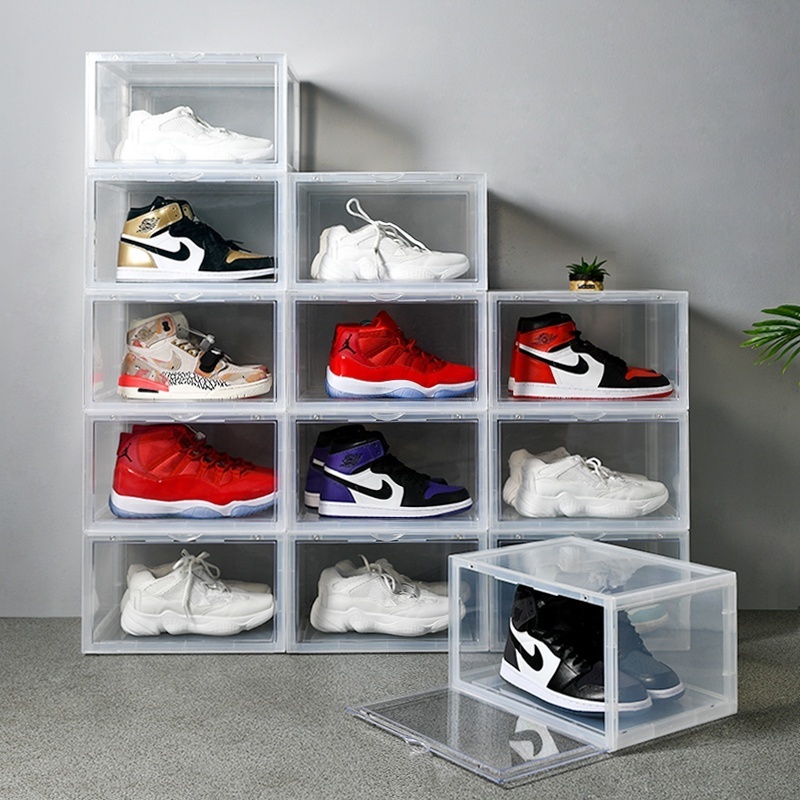 Hot Selling Custom Stackable Black Plastic Shoe Boxes Storage , Home Shoes Racks Cabinet Clear Shoes Storage Organizer