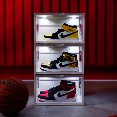 Side Open Plastic Acrylic LED Light Shoes Display Box Voice Control LED Sneaker Storage Box Display Shoe Rack