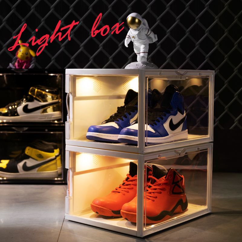 Side Open Plastic Acrylic LED Light Shoes Display Box Voice Control LED Sneaker Storage Box Display Shoe Rack