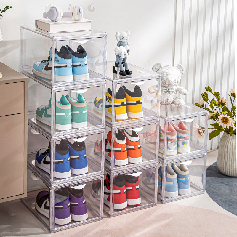 Hot sell plastic clear shoe box drop front sneaker box  transparent acrylic shoe storage  Stackable Organizer magnetic