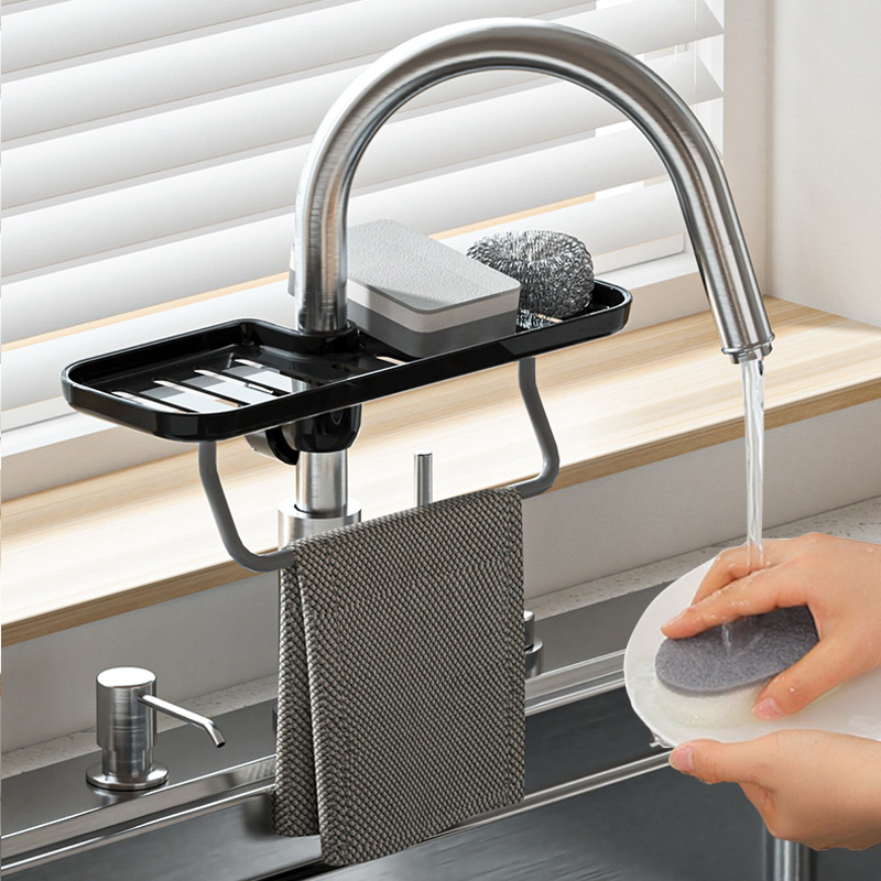 2023 New Arrival 3 in 1 kitchen organizer faucet shelf rotatable Sponge holder for kitchen sink with towel rack