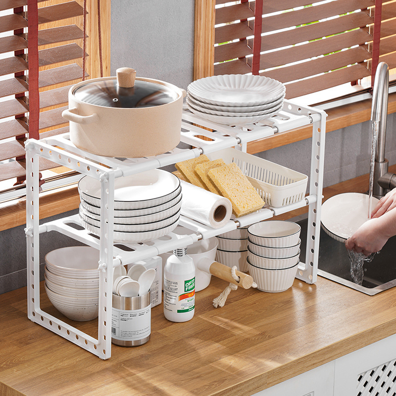 Kitchen Pull Out Under Sink Organizer 2 Tier Plastic Sliding Storage Rack Drawer Basket Organizer for Kitchen