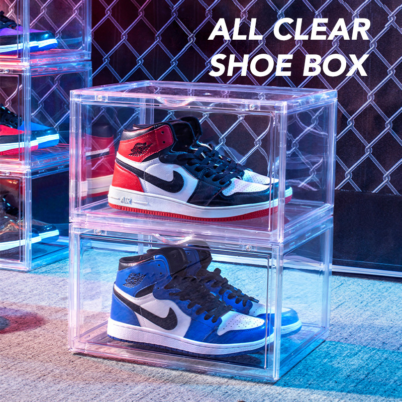 wholesale plastic sneaker box stackable clear acrylic transparent shoe storage box magnetic with custom logo