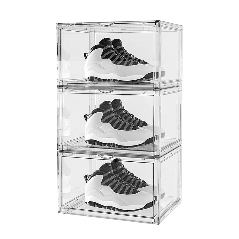 wholesale acrylic plastic clear shoe storage box stackable magnetic shoes box packaging boxes shoe rack storage with logo