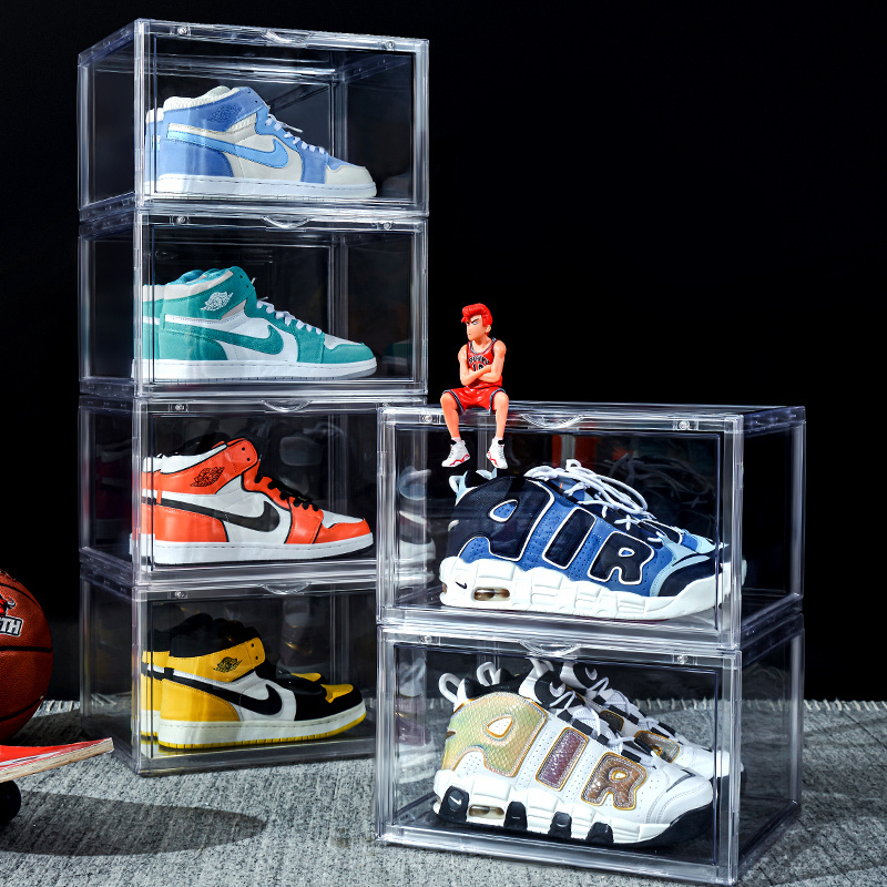 Drop front black transparent stackable shoe box storage shoe container storage box clear acrylic magnetic box for shoes