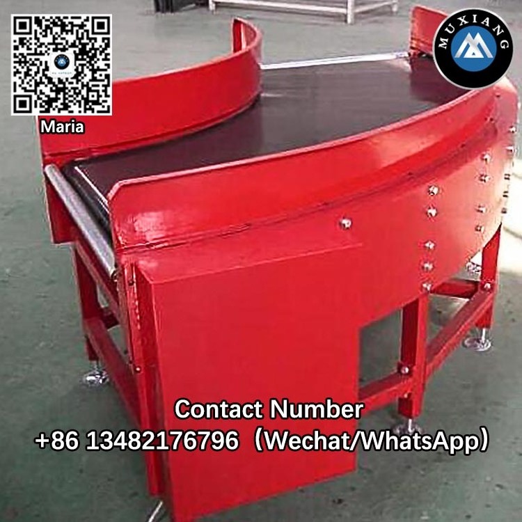 Shanghai muxiang logistic 90 180 degree curved turning conveyor system material handling equipment rubber PU PVC belt conveyors