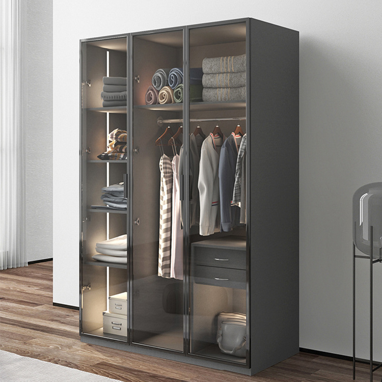 Scandinavian Wooden Wardrobe Flat Door Bedroom Simple Modern Economic Glass Door Simple Storage Cabinet Large Wardrobe