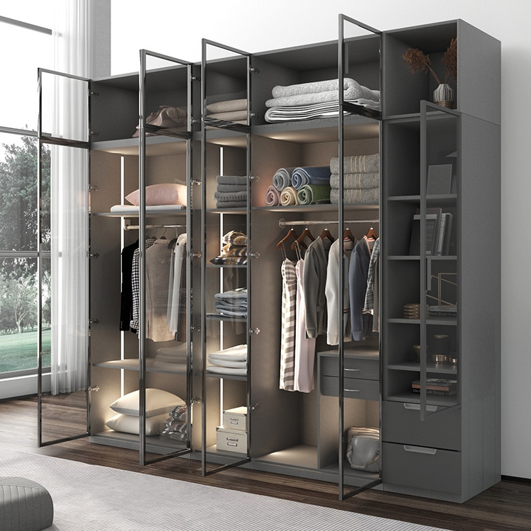 Scandinavian Wooden Wardrobe Flat Door Bedroom Simple Modern Economic Glass Door Simple Storage Cabinet Large Wardrobe