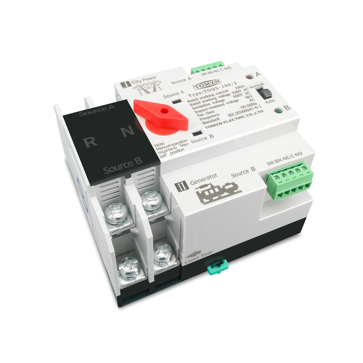 TOMZN Single Phase Din Rail ATS Dual Power Automatic Transfer Electrical Selector Switches Uninterrupted 2P 63A 100A 125A