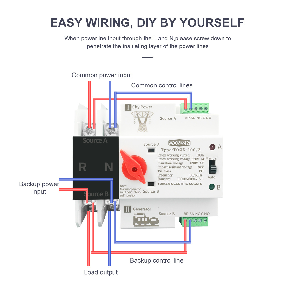 TOMZN Single Phase Din Rail ATS Dual Power Automatic Transfer Electrical Selector Switches Uninterrupted 2P 63A 100A 125A