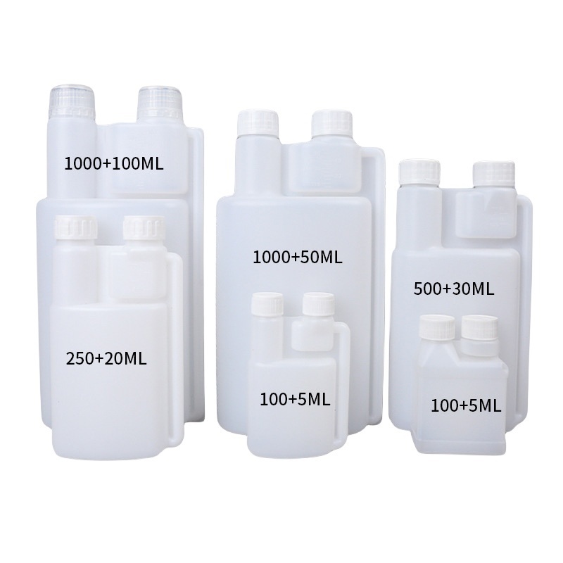 1000ml+100ml Plastic Twin Neck Bottle Dispenser Double Dual Chamber Measuring Dosing Bottle with security cap