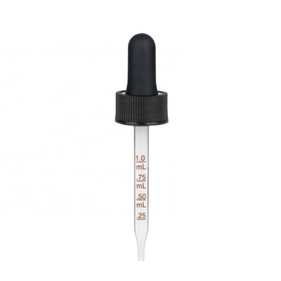 20/410 20mm black silicone top 1ml glass pipette dropper and plastic screw cap