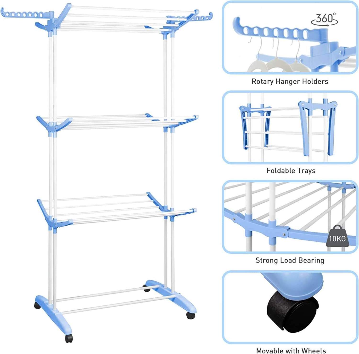 Three-story laundry room multi-purpose drying rack with wheels and extra hooks