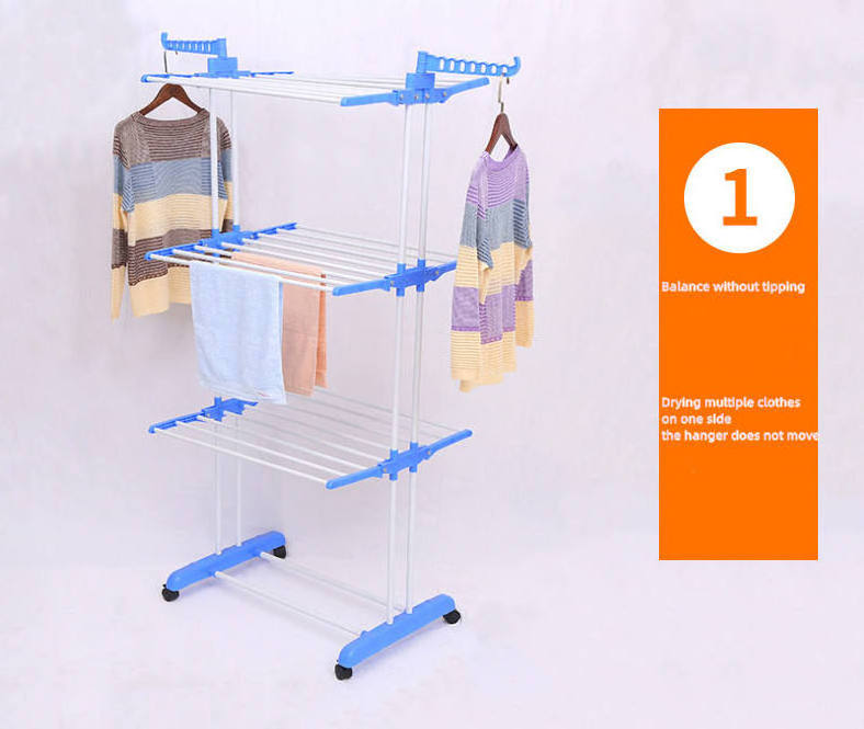 Three-story laundry room multi-purpose drying rack with wheels and extra hooks