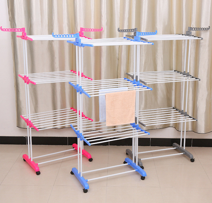 Three-story laundry room multi-purpose drying rack with wheels and extra hooks