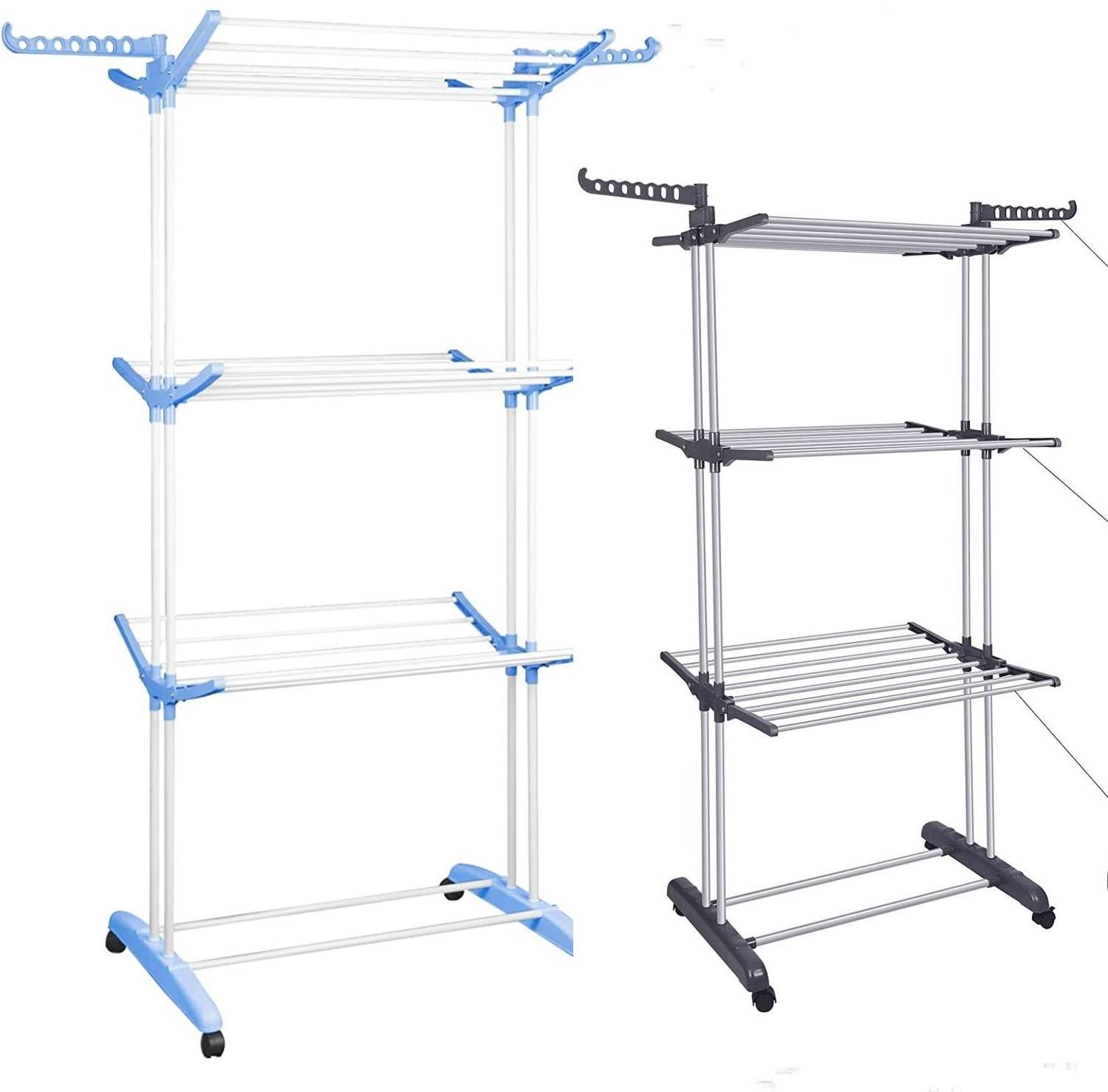 Three-story laundry room multi-purpose drying rack with wheels and extra hooks