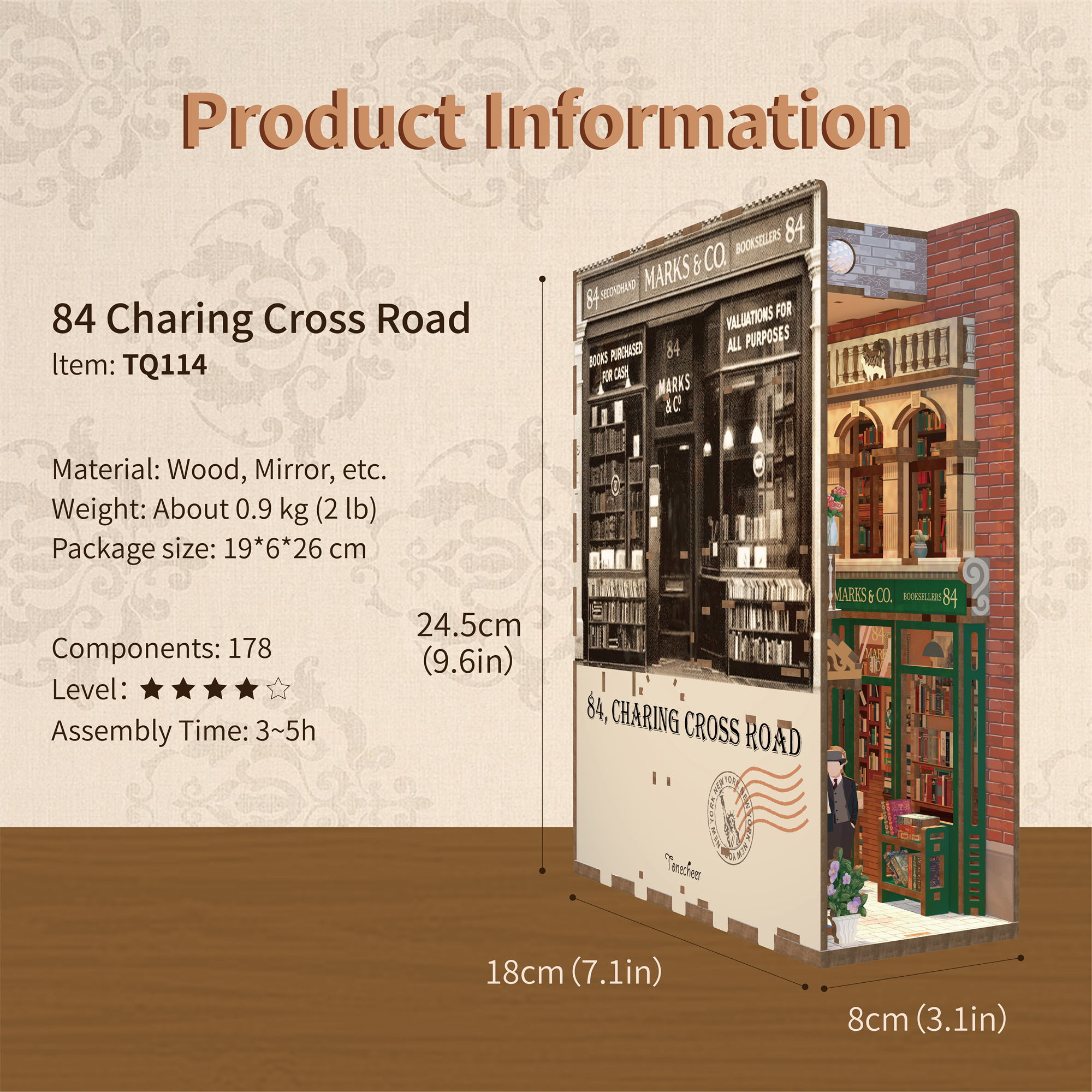 Tonecheer 84 Charing Cross Road Book Nook Custom Kit Diy Wooden Puzzles 3D Bookends With Body Sensor Led Light