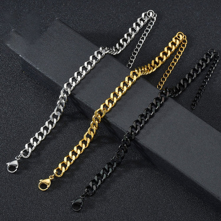 Hip Hop Stainless Steel Jewelry Wholesale Bracelets Punk Silver Black 18K Gold Plated Cuban Link Chain Men Bracelet