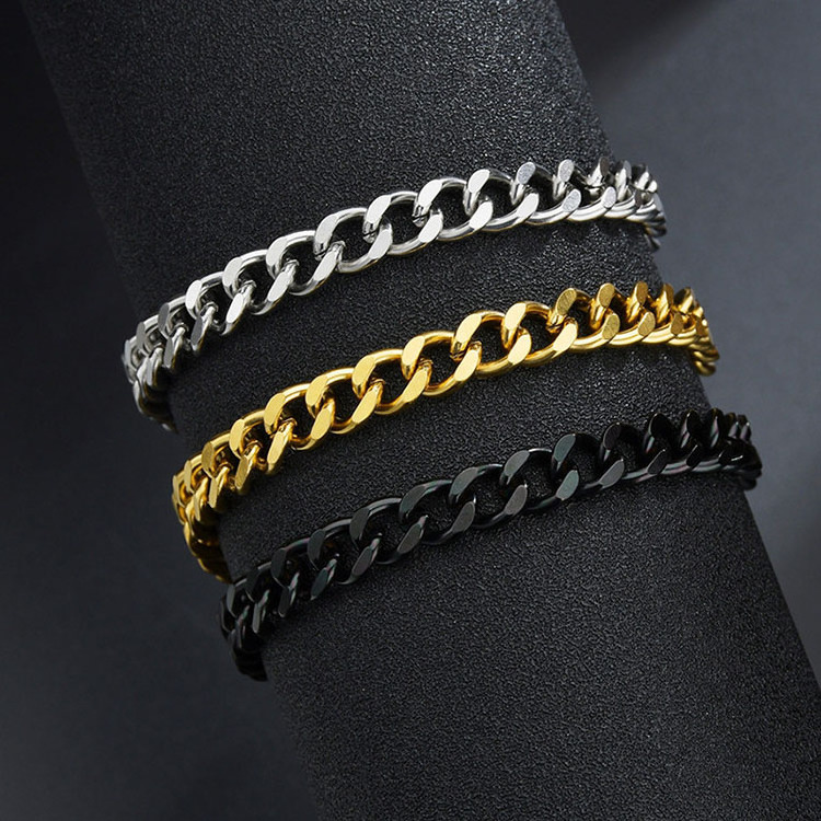 Hip Hop Stainless Steel Jewelry Wholesale Bracelets Punk Silver Black 18K Gold Plated Cuban Link Chain Men Bracelet