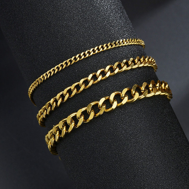 Hip Hop Stainless Steel Jewelry Wholesale Bracelets Punk Silver Black 18K Gold Plated Cuban Link Chain Men Bracelet