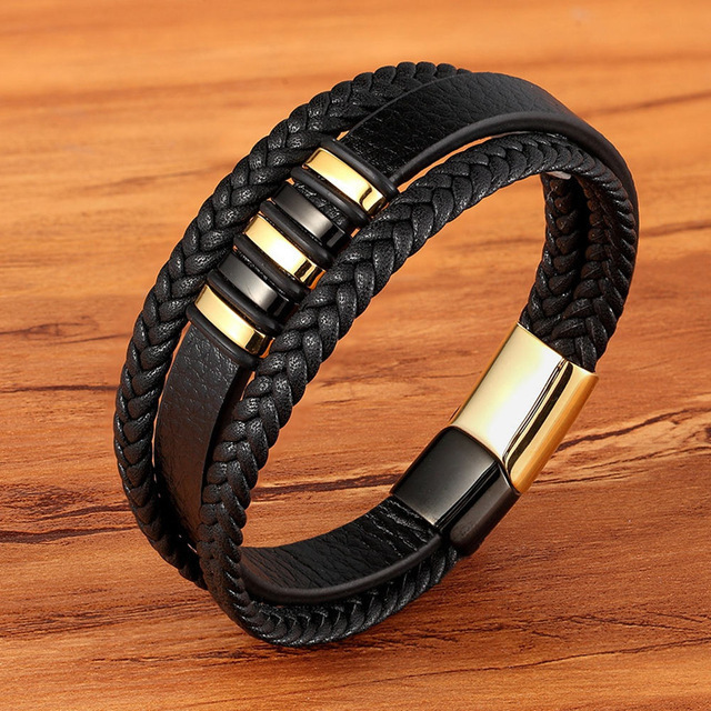 G1412 Whole Sale Men's Leather Hand Jewelry 3 Layers Leather Stainless Steel Bracelets Magnetic Clasp Bracelet