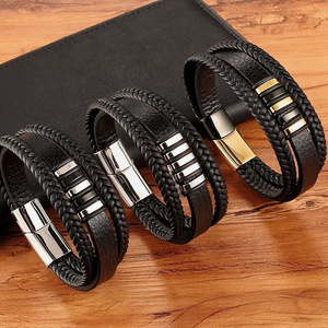 G1412 Whole Sale Men's Leather Hand Jewelry 3 Layers Leather Stainless Steel Bracelets Magnetic Clasp Bracelet