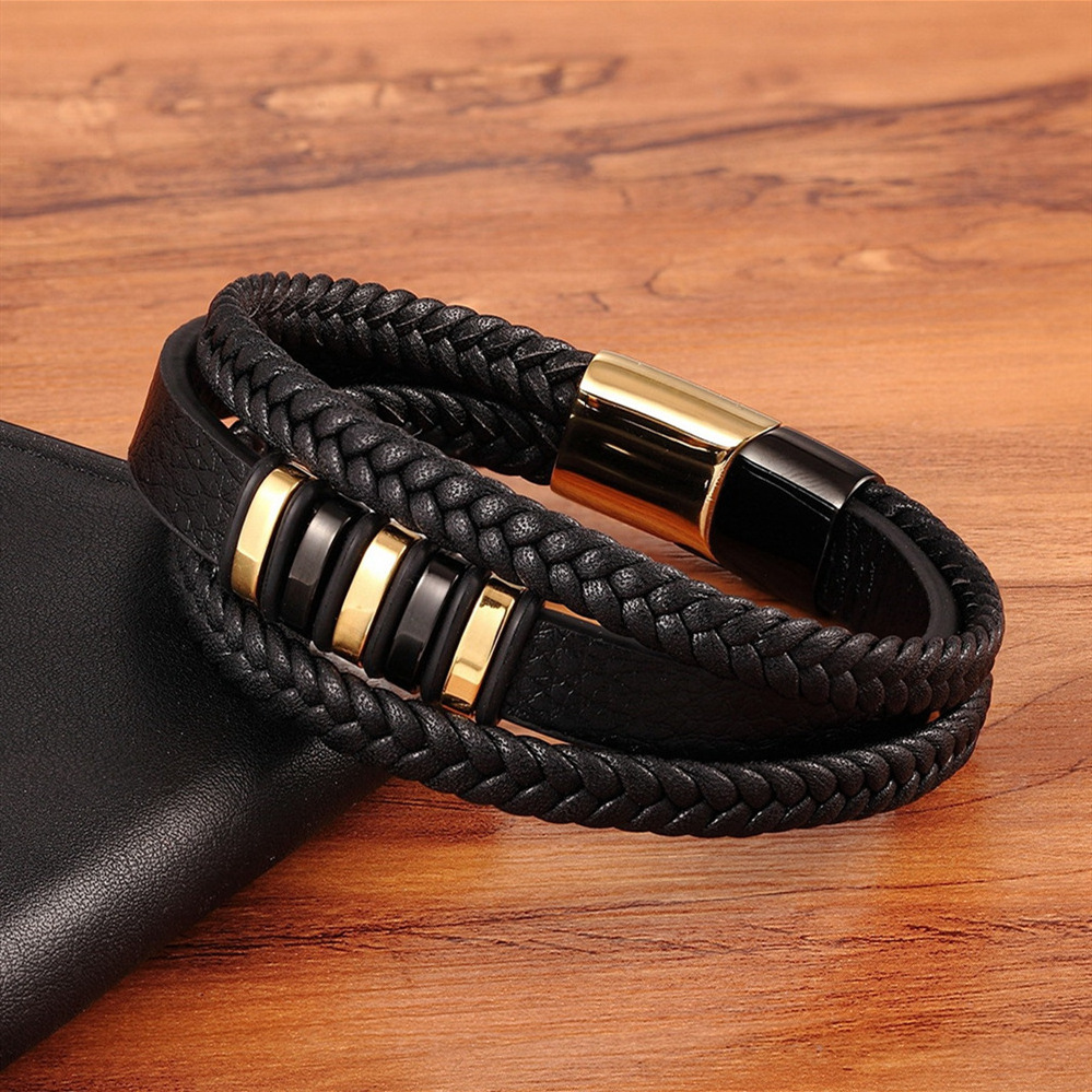 G1412 Whole Sale Men's Leather Hand Jewelry 3 Layers Leather Stainless Steel Bracelets Magnetic Clasp Bracelet