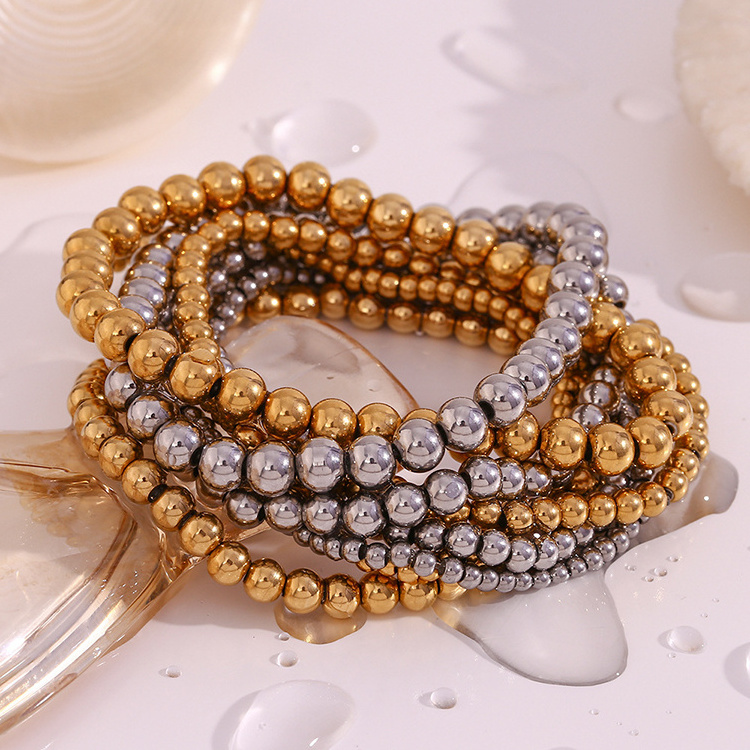 K069 Minimalist 316L PVD Stainless Steel Stackable Elastic Stretch Ball Bracelet 18K Gold Plated Beaded Bracelet for Women Men