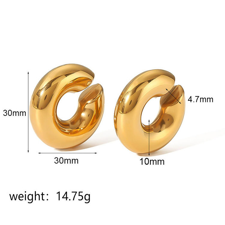 G2161 Punk Style 18K Gold Plated Earring Stainless Steel Thick Hollow Hoop Earrings Clip Wide Tube Chunky Ear Cuff for Women