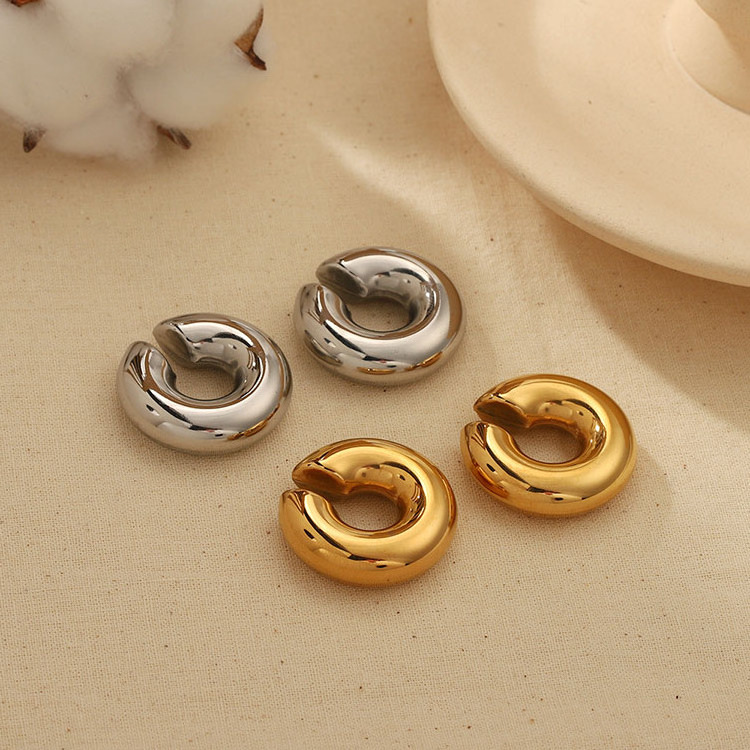 G2161 Punk Style 18K Gold Plated Earring Stainless Steel Thick Hollow Hoop Earrings Clip Wide Tube Chunky Ear Cuff for Women