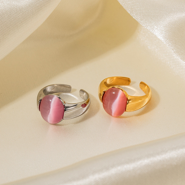 Y072 Waterproof Jewelry Oval Shaped Pink Opal Cat Eye Wide Open Ring Women Dainty Stainless Steel PVD 18k Gold Plated Rings