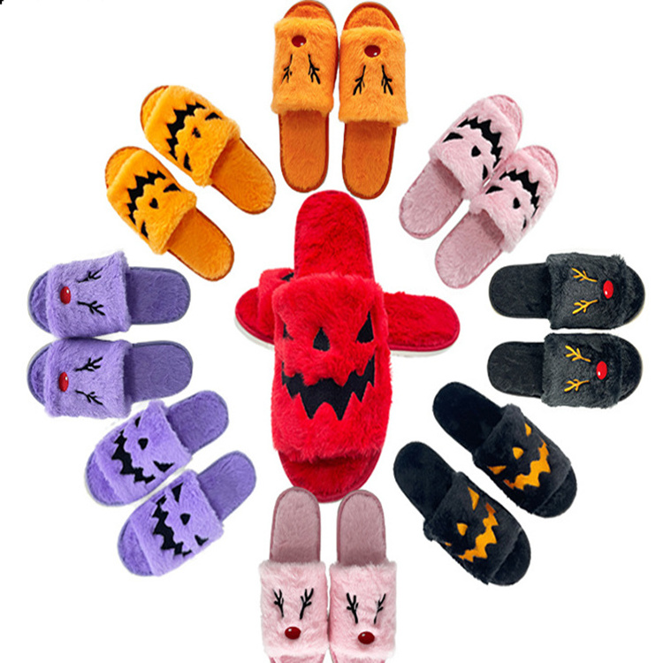 D088 New Arrival Winter Indoor Plush Furry Fur Elk Bedroom Slides Home Slippers Halloween Pumpkin Slippers For Men And Women