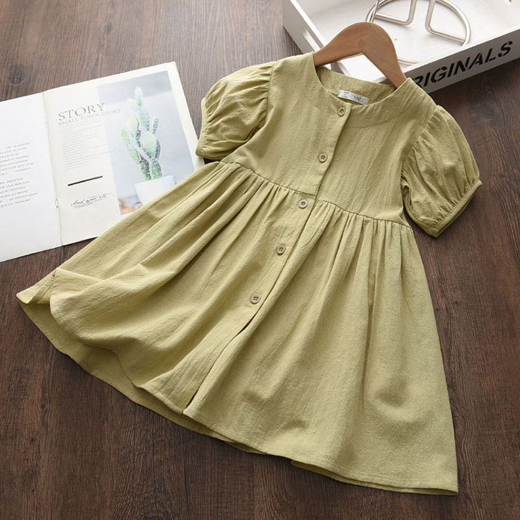 M2215 Summer Clothing Children Cotton Linen Smoked Dresses Solid Princess Frocks Short Puff Sleeve Casual Dress For Kids Girls