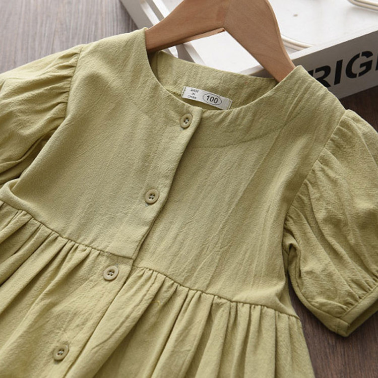 M2215 Summer Clothing Children Cotton Linen Smoked Dresses Solid Princess Frocks Short Puff Sleeve Casual Dress For Kids Girls