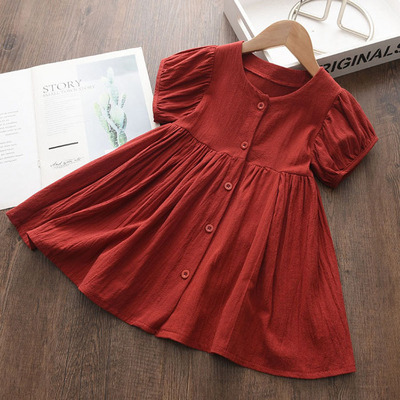 M2215 Summer Clothing Children Cotton Linen Smoked Dresses Solid Princess Frocks Short Puff Sleeve Casual Dress For Kids Girls