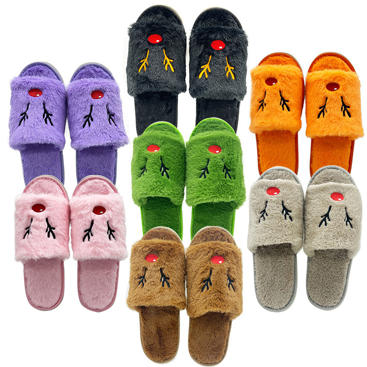 D088 New Arrival Winter Indoor Plush Furry Fur Elk Bedroom Slides Home Slippers Halloween Pumpkin Slippers For Men And Women